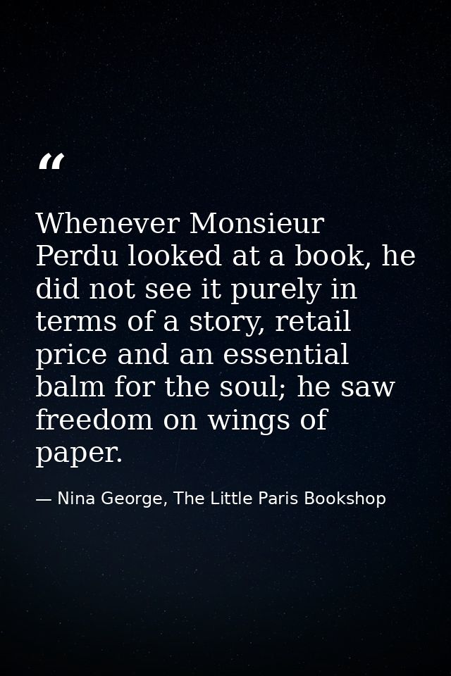 Whenever Monsieur Perdu looked at a book, he did not see it purely in terms of a story, retail price and an essential ba — Nina George, The Little Paris Bookshop