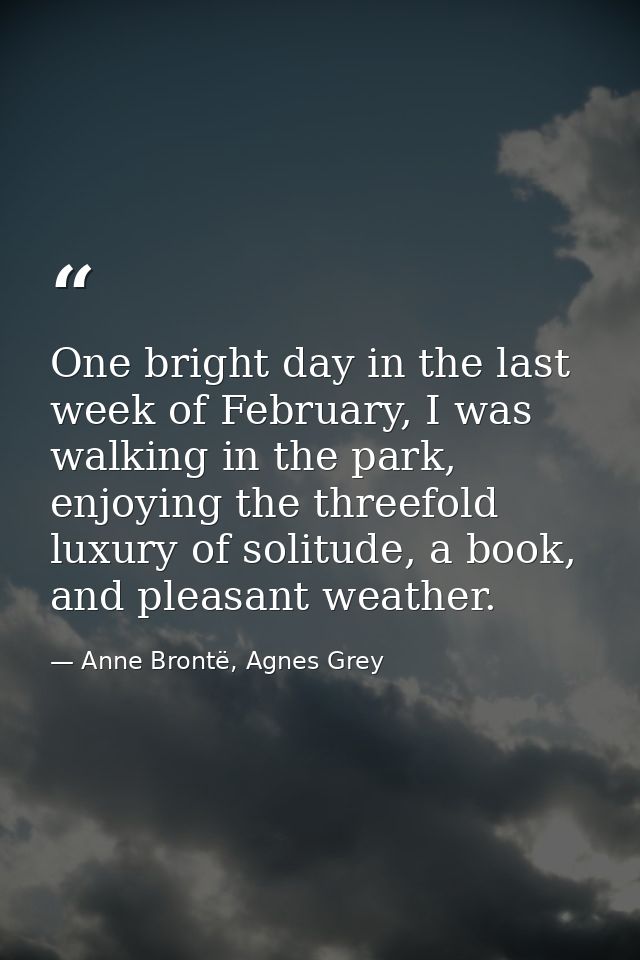One bright day in the last week of February, I was walking in the park, enjoying the threefold luxury of solitude, a boo — Anne Brontë, Agnes Grey