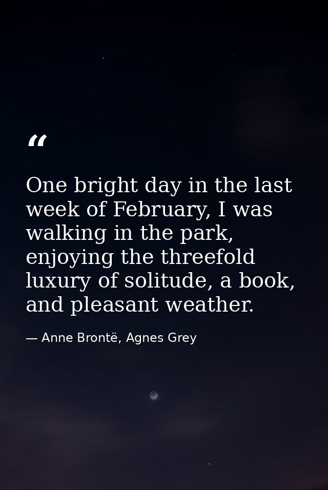 One bright day in the last week of February, I was walking in the park, enjoying the threefold luxury of solitude, a boo — Anne Brontë, Agnes Grey