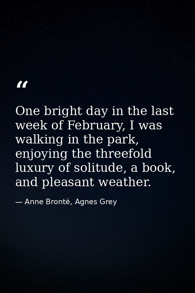 One bright day in the last week of February, I was walking in the park, enjoying the threefold luxury of solitude, a boo — Anne Brontë, Agnes Grey