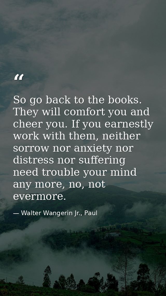 So go back to the books. They will comfort you and cheer you. If you earnestly work with them, neither sorrow nor anxiet — Walter Wangerin Jr., Paul
