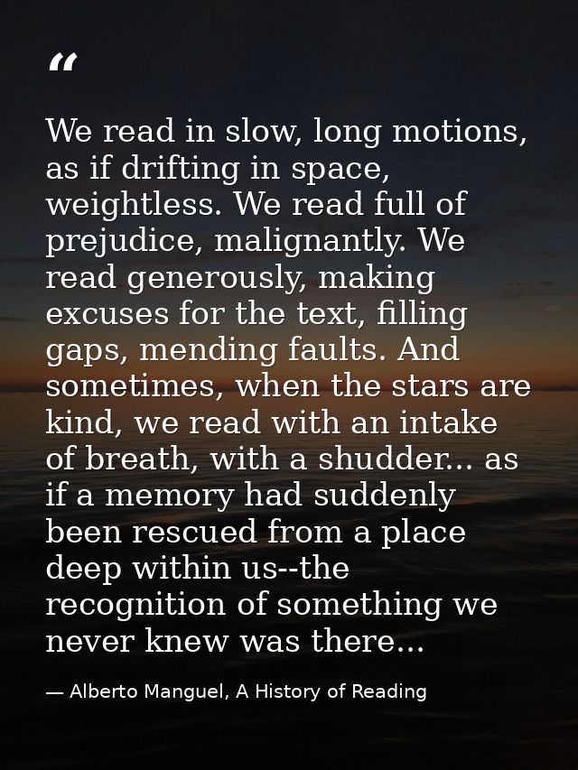 We read in slow, long motions, as if drifting in space, weightless. We read full of prejudice, malignantly. We read gene — Alberto Manguel, A History of Reading