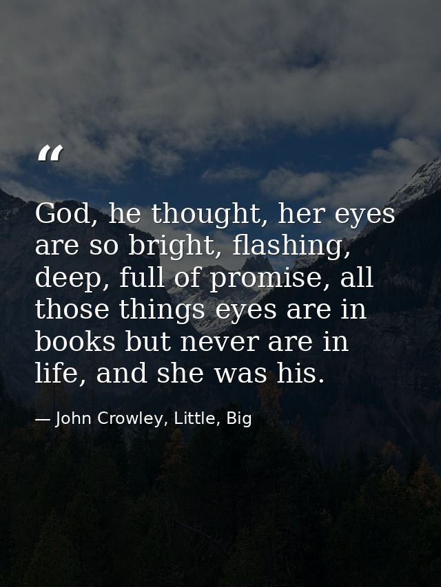 God, he thought, her eyes are so bright, flashing, deep, full of promise, all those things eyes are in books but never a — John Crowley, Little, Big