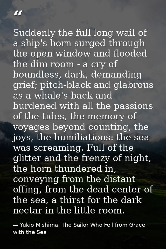 Suddenly the full long wail of a ship's horn surged through the open window and flooded the dim room - a cry of boundles — Yukio Mishima, The Sailor Who Fell from Grace with the Sea