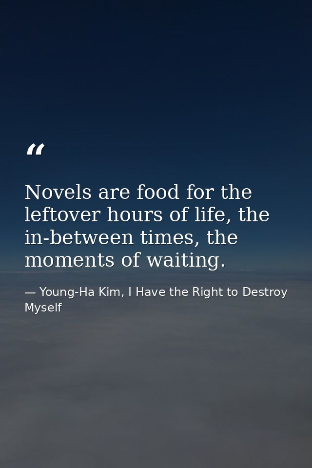 Novels are food for the leftover hours of life, the in-between times, the moments of waiting. — Young-Ha Kim, I Have the Right to Destroy Myself