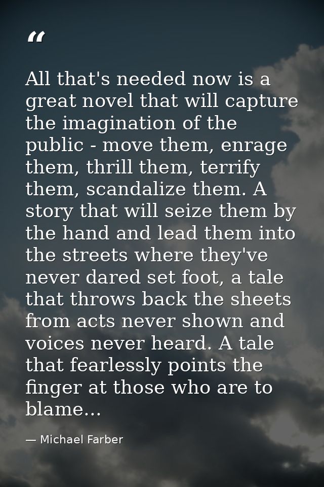 All that's needed now is a great novel that will capture the imagination of the public - move them, enrage them, thrill  — Michael Farber