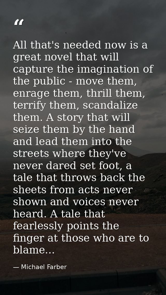 All that's needed now is a great novel that will capture the imagination of the public - move them, enrage them, thrill  — Michael Farber
