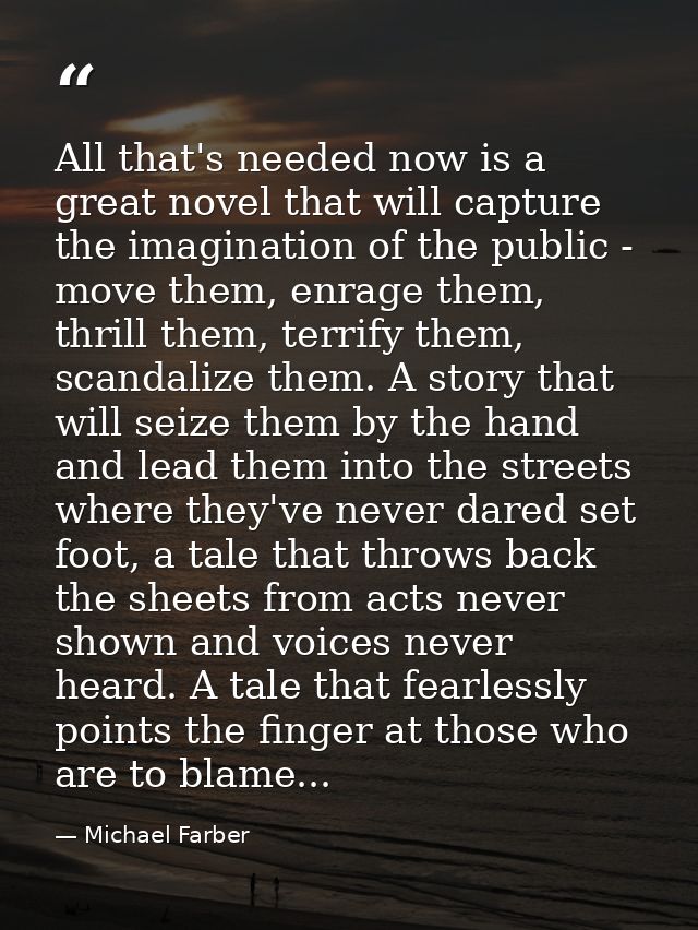 All that's needed now is a great novel that will capture the imagination of the public - move them, enrage them, thrill  — Michael Farber