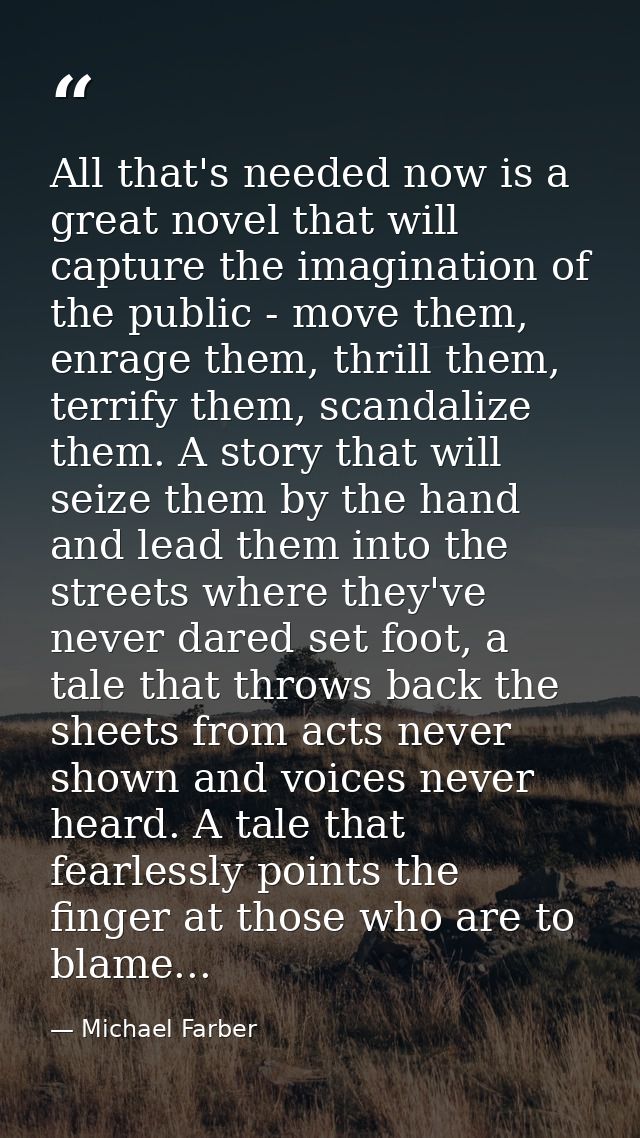 All that's needed now is a great novel that will capture the imagination of the public - move them, enrage them, thrill  — Michael Farber