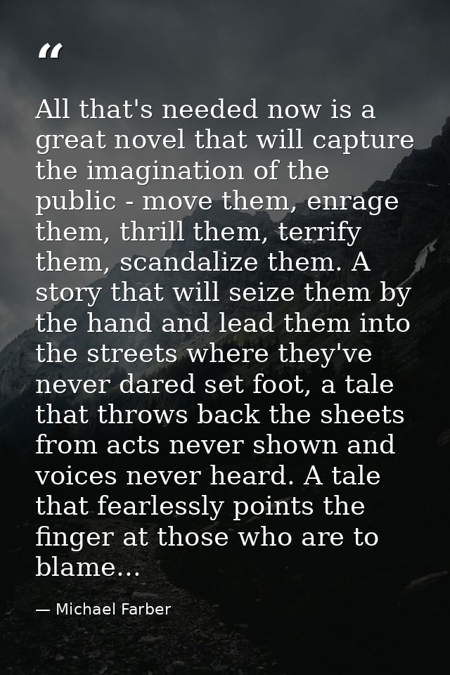 All that's needed now is a great novel that will capture the imagination of the public - move them, enrage them, thrill  — Michael Farber