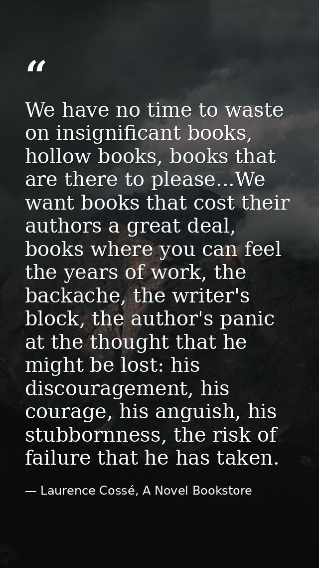 We have no time to waste on insignificant books, hollow books, books that are there to please...We want books that cost  — Laurence Cossé, A Novel Bookstore
