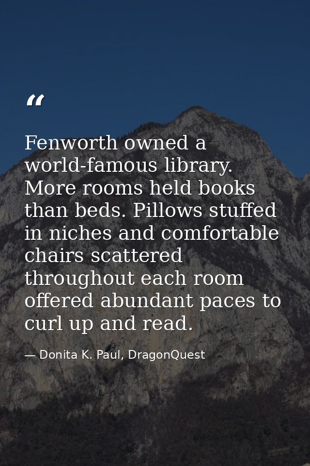 Fenworth owned a world-famous library. More rooms held books than beds. Pillows stuffed in niches and comfortable chairs — Donita K. Paul, DragonQuest