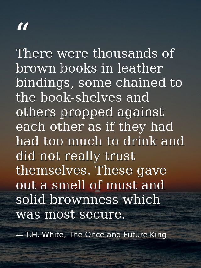 There were thousands of brown books in leather bindings, some chained to the book-shelves and others propped against eac — T.H. White, The Once and Future King