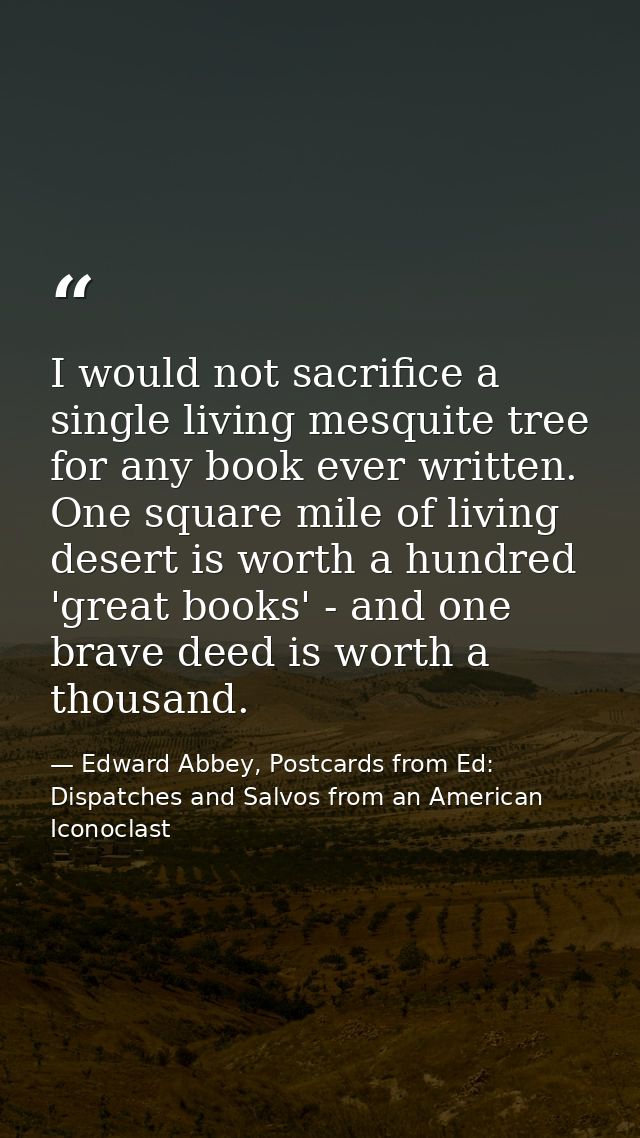 I would not sacrifice a single living mesquite tree for any book ever written. One square mile of living desert is worth — Edward Abbey, Postcards from Ed: Dispatches and Salvos from an American Iconoclast