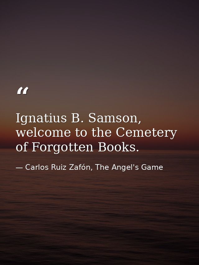 Ignatius B. Samson, welcome to the Cemetery of Forgotten Books. — Carlos Ruiz Zafón, The Angel's Game