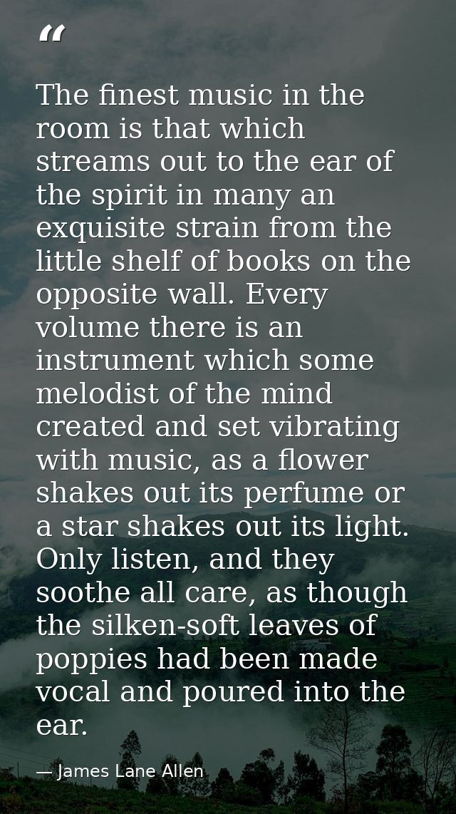 The finest music in the room is that which streams out to the ear of the spirit in many an exquisite strain from the lit — James Lane Allen