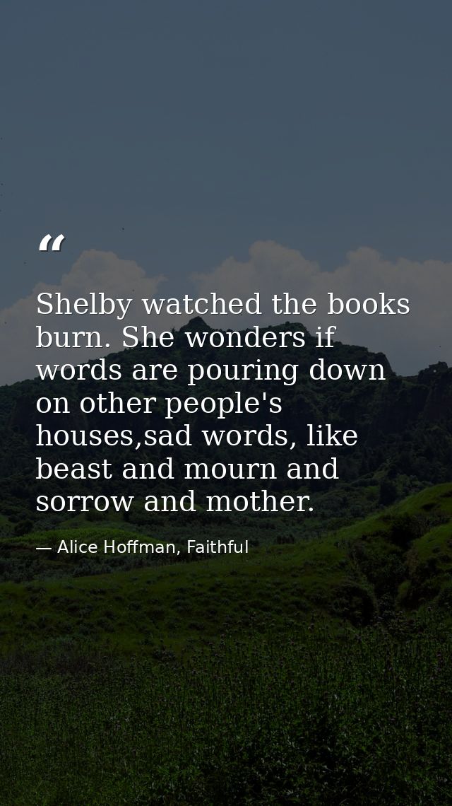 Shelby watched the books burn. She wonders if words are pouring down on other people's houses,sad words, like beast and  — Alice Hoffman, Faithful