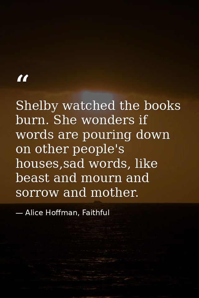 Shelby watched the books burn. She wonders if words are pouring down on other people's houses,sad words, like beast and  — Alice Hoffman, Faithful