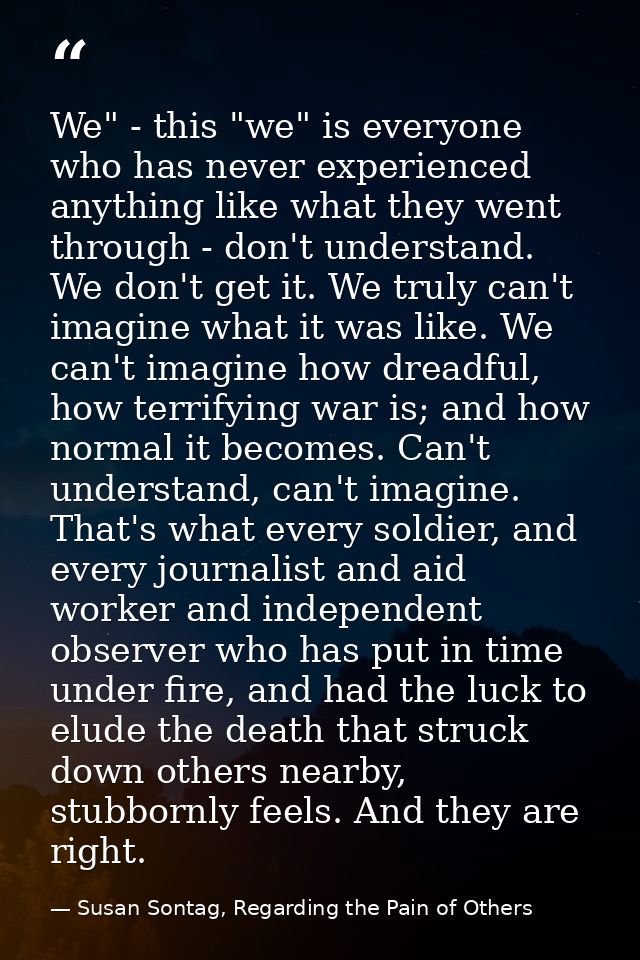 We" - this "we" is everyone who has never experienced anything like what they went through - don't understand. We don't  — Susan Sontag, Regarding the Pain of Others