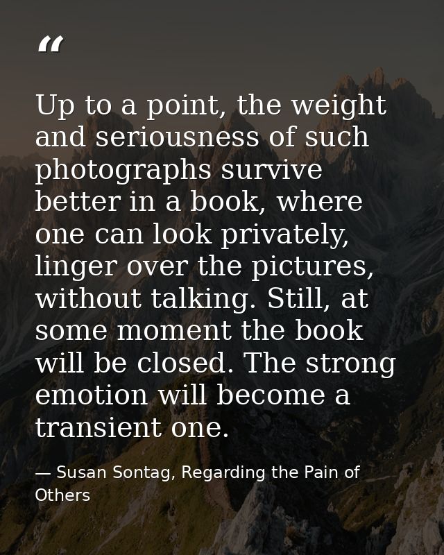 Up to a point, the weight and seriousness of such photographs survive better in a book, where one can look privately, li — Susan Sontag, Regarding the Pain of Others