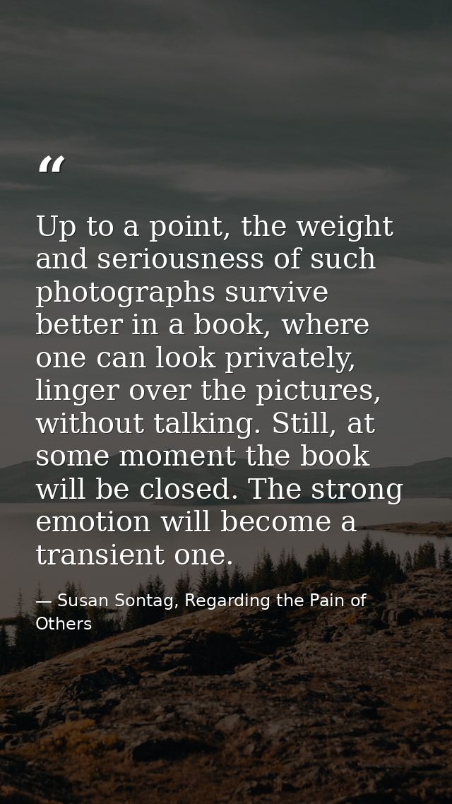 Up to a point, the weight and seriousness of such photographs survive better in a book, where one can look privately, li — Susan Sontag, Regarding the Pain of Others