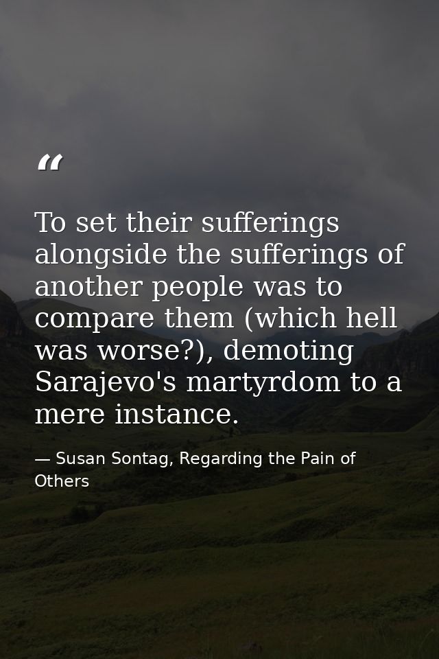 To set their sufferings alongside the sufferings of another people was to compare them (which hell was worse?), demoting — Susan Sontag, Regarding the Pain of Others