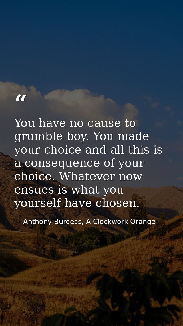 You have no cause to grumble boy. You made your choice and all this is a consequence of your choice. Whatever now ensues — Anthony Burgess, A Clockwork Orange