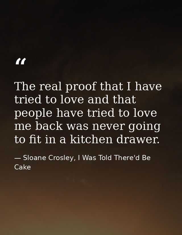 The real proof that I have tried to love and that people have tried to love me back was never going to fit in a kitchen  — Sloane Crosley, I Was Told There'd Be Cake