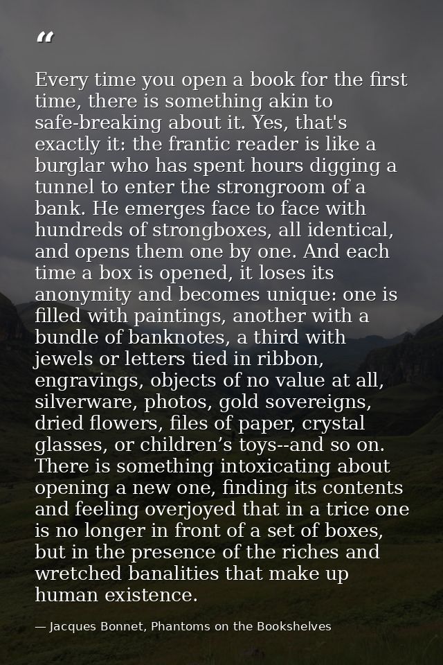 Every time you open a book for the first time, there is something akin to safe-breaking about it. Yes, that's exactly it — Jacques Bonnet, Phantoms on the Bookshelves