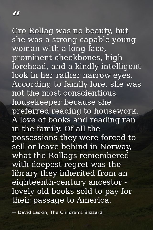 Gro Rollag was no beauty, but she was a strong capable young woman with a long face, prominent cheekbones, high forehead — David Laskin, The Children's Blizzard