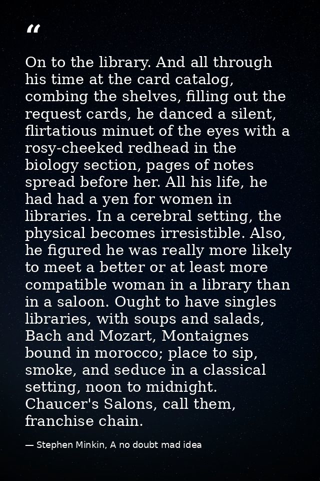 On to the library. And all through his time at the card catalog, combing the shelves, filling out the request cards, he  — Stephen Minkin, A no doubt mad idea