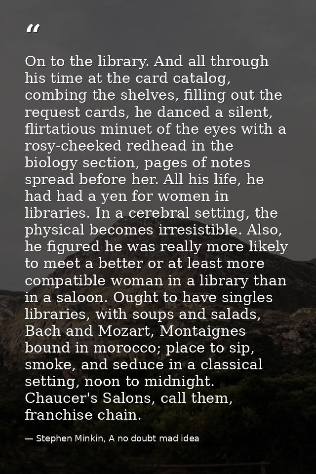 On to the library. And all through his time at the card catalog, combing the shelves, filling out the request cards, he  — Stephen Minkin, A no doubt mad idea