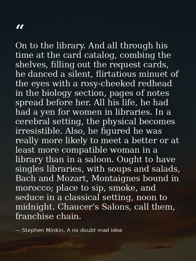 On to the library. And all through his time at the card catalog, combing the shelves, filling out the request cards, he  — Stephen Minkin, A no doubt mad idea