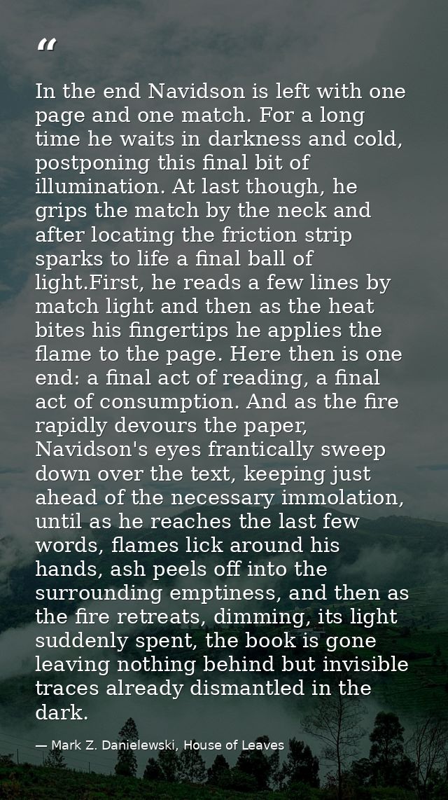 In the end Navidson is left with one page and one match. For a long time he waits in darkness and cold, postponing this  — Mark Z. Danielewski, House of Leaves