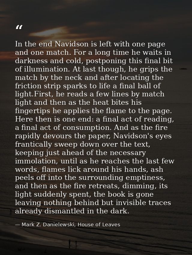 In the end Navidson is left with one page and one match. For a long time he waits in darkness and cold, postponing this  — Mark Z. Danielewski, House of Leaves