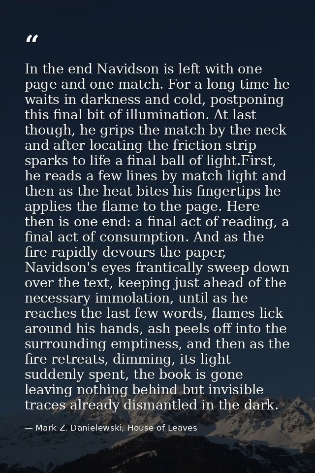 In the end Navidson is left with one page and one match. For a long time he waits in darkness and cold, postponing this  — Mark Z. Danielewski, House of Leaves