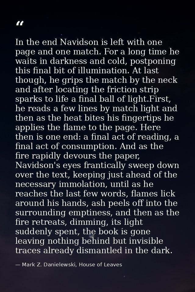 In the end Navidson is left with one page and one match. For a long time he waits in darkness and cold, postponing this  — Mark Z. Danielewski, House of Leaves
