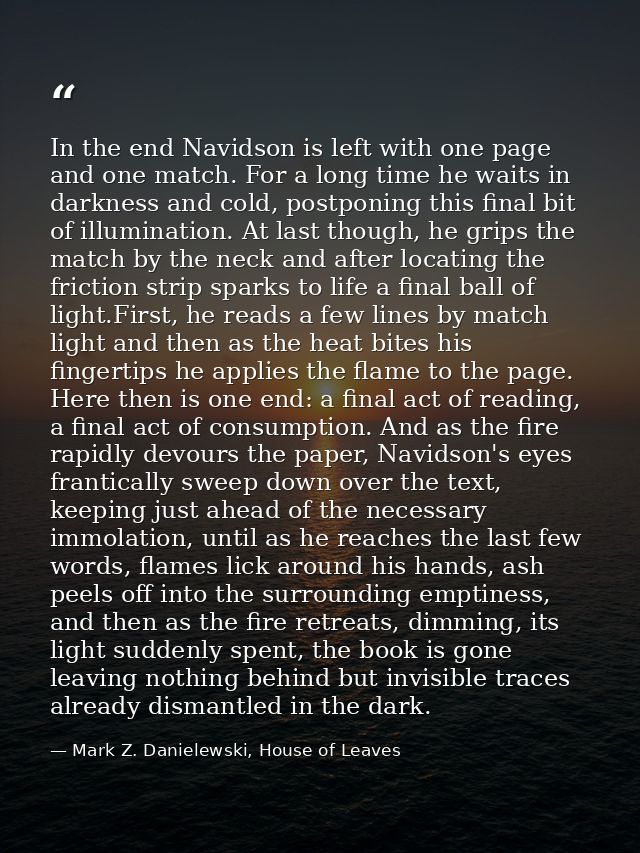 In the end Navidson is left with one page and one match. For a long time he waits in darkness and cold, postponing this  — Mark Z. Danielewski, House of Leaves