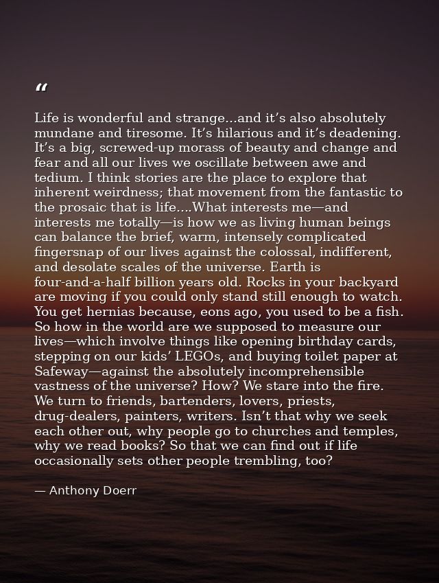 Life is wonderful and strange...and it’s also absolutely mundane and tiresome. It’s hilarious and it’s deadening. It’s a — Anthony Doerr