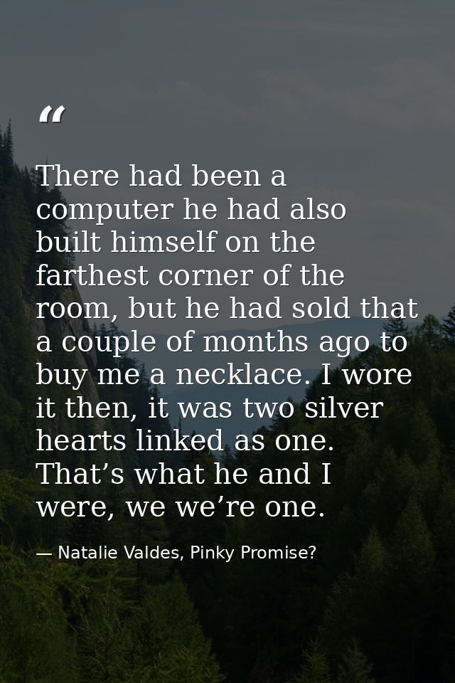 There had been a computer he had also built himself on the farthest corner of the room, but he had sold that a couple of — Natalie Valdes, Pinky Promise?