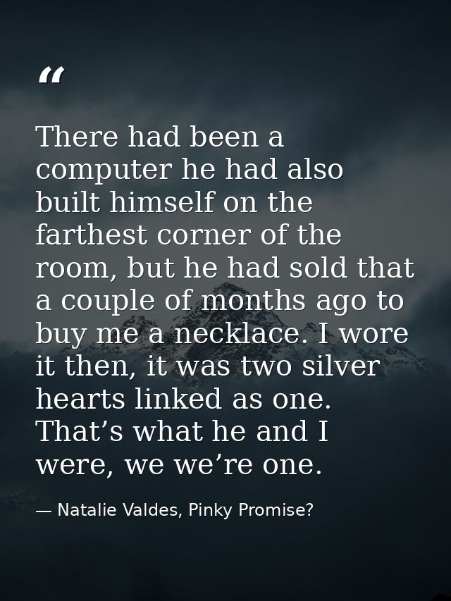 There had been a computer he had also built himself on the farthest corner of the room, but he had sold that a couple of — Natalie Valdes, Pinky Promise?