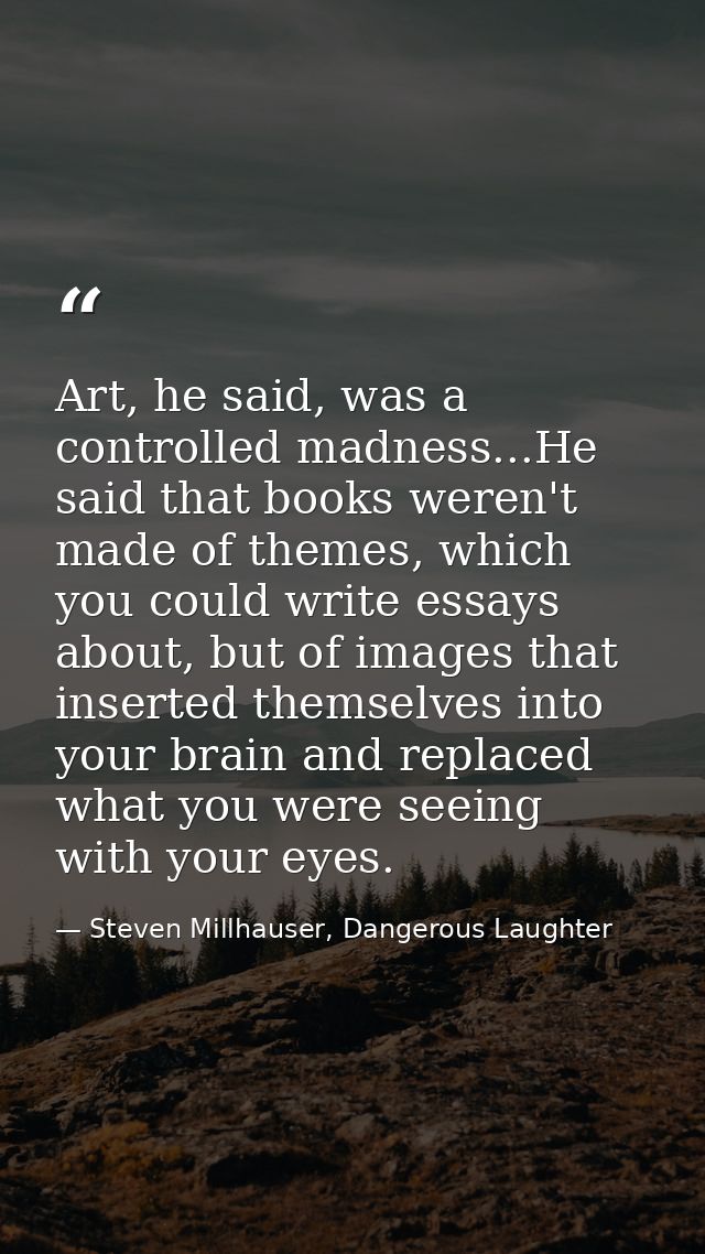 Art, he said, was a controlled madness...He said that books weren't made of themes, which you could write essays about,  — Steven Millhauser, Dangerous Laughter