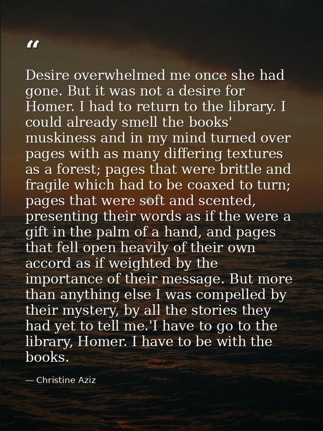 Desire overwhelmed me once she had gone. But it was not a desire for Homer. I had to return to the library. I could alre — Christine Aziz