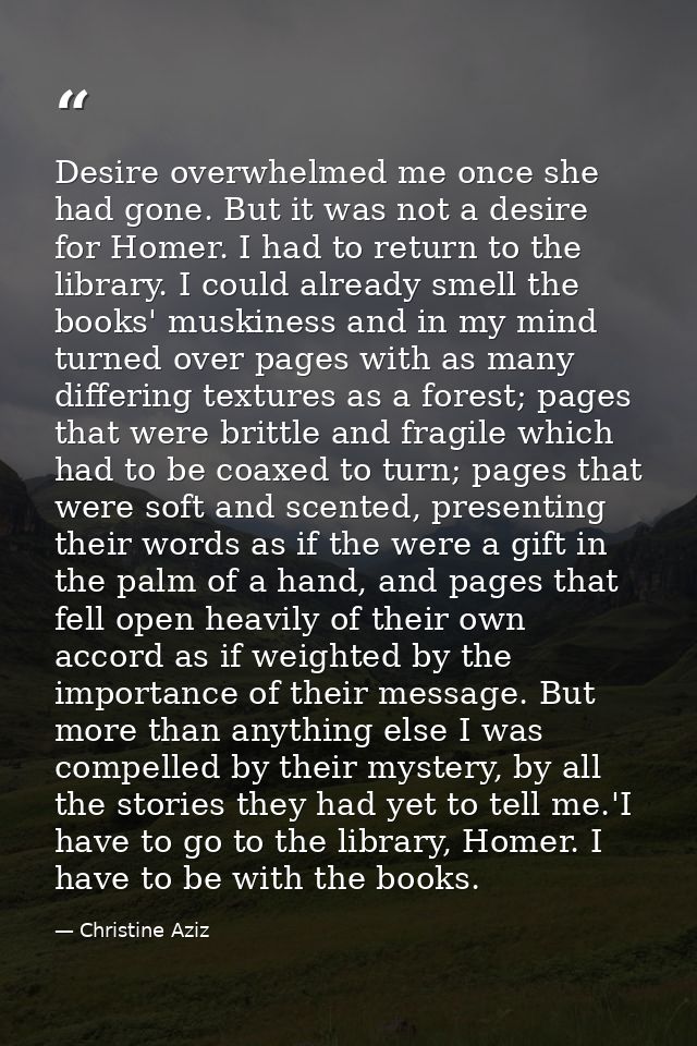 Desire overwhelmed me once she had gone. But it was not a desire for Homer. I had to return to the library. I could alre — Christine Aziz
