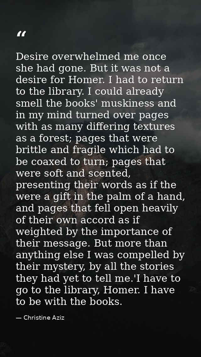 Desire overwhelmed me once she had gone. But it was not a desire for Homer. I had to return to the library. I could alre — Christine Aziz