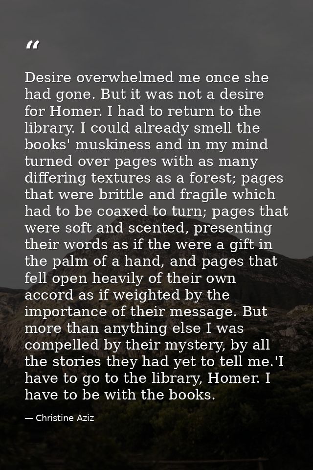 Desire overwhelmed me once she had gone. But it was not a desire for Homer. I had to return to the library. I could alre — Christine Aziz
