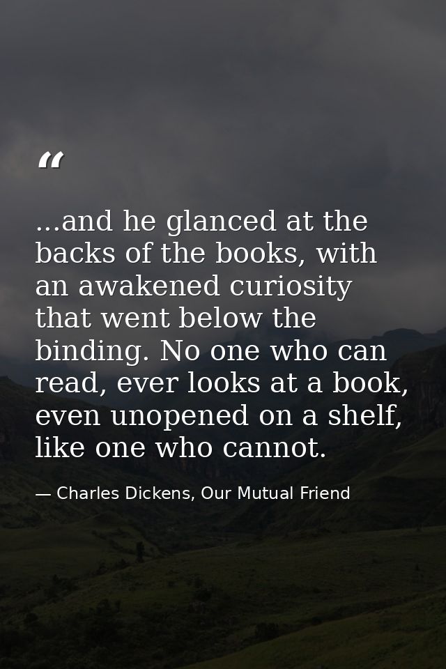 ...and he glanced at the backs of the books, with an awakened curiosity that went below the binding. No one who can read — Charles Dickens, Our Mutual Friend