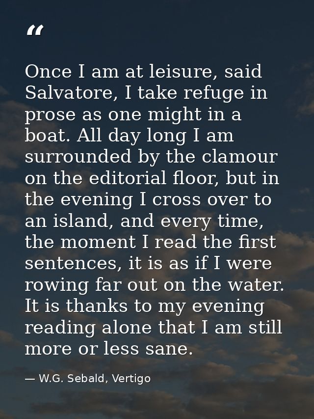 Once I am at leisure, said Salvatore, I take refuge in prose as one might in a boat. All day long I am surrounded by the — W.G. Sebald, Vertigo