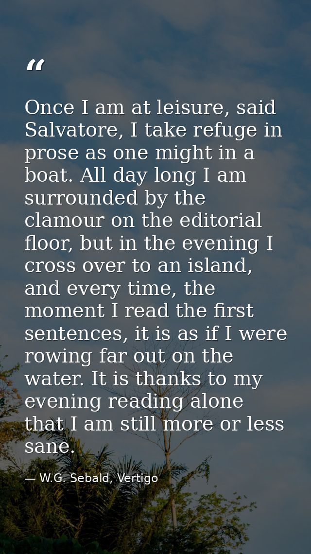 Once I am at leisure, said Salvatore, I take refuge in prose as one might in a boat. All day long I am surrounded by the — W.G. Sebald, Vertigo