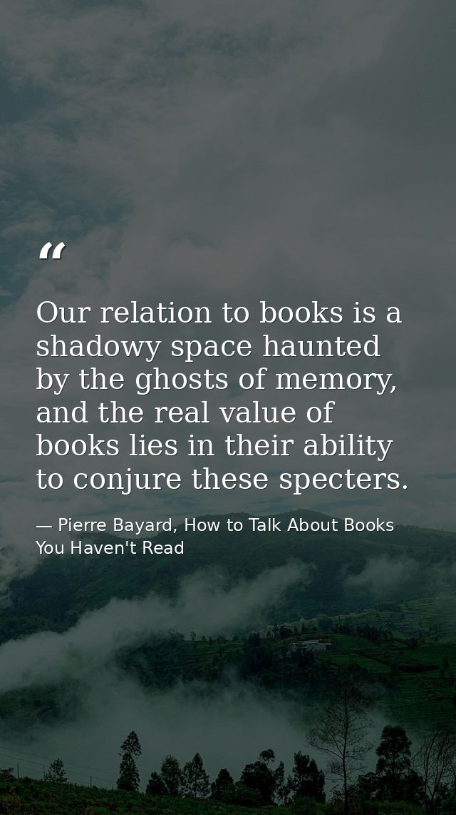 Our relation to books is a shadowy space haunted by the ghosts of memory, and the real value of books lies in their abil — Pierre Bayard, How to Talk About Books You Haven't Read